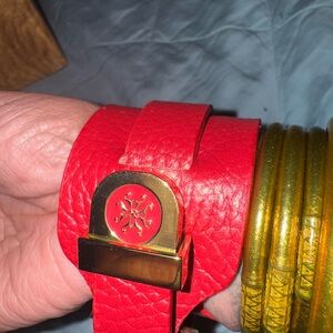 Rustic Cuff Red Leather Bracelet with Gold Clasp